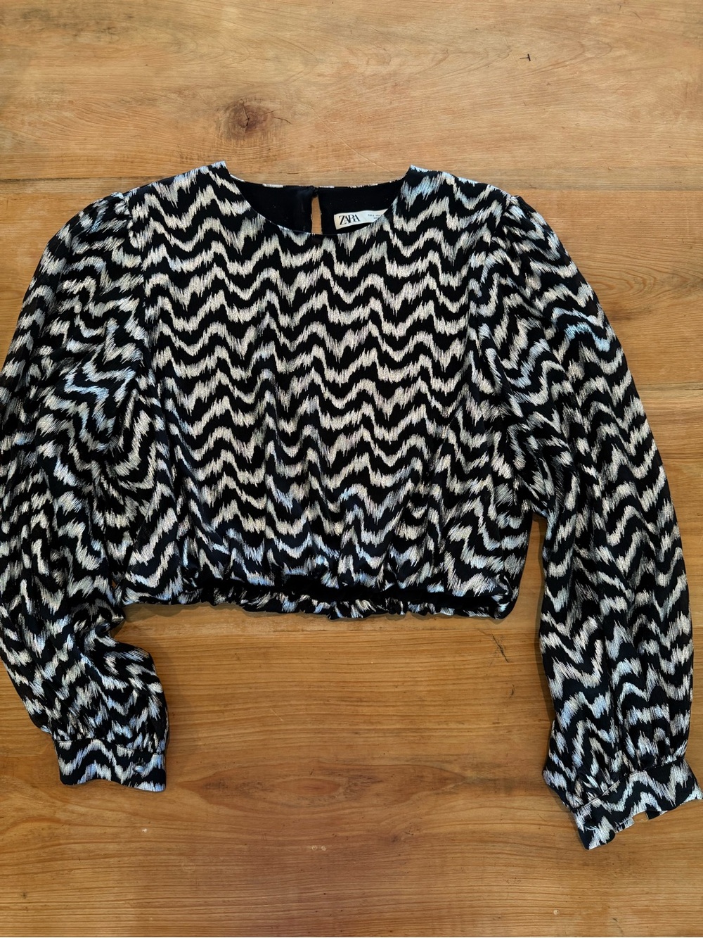 Zara Black Silver Metallic Jacquard Puff Sleeve Cropped Blouse S